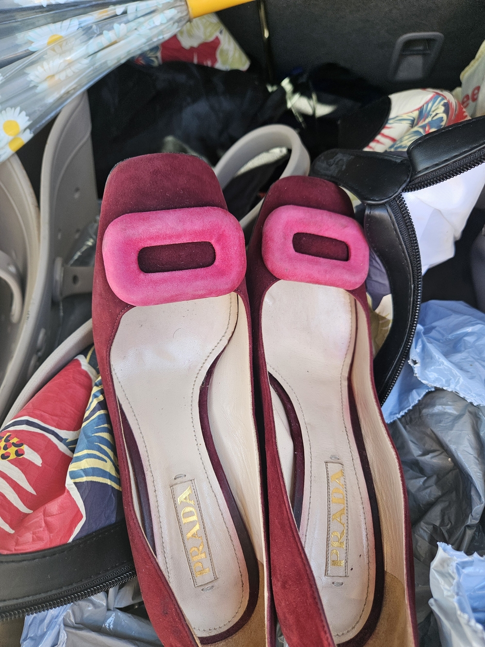 Prada Women’s Burgundy Suede Pumps with Pink Accent